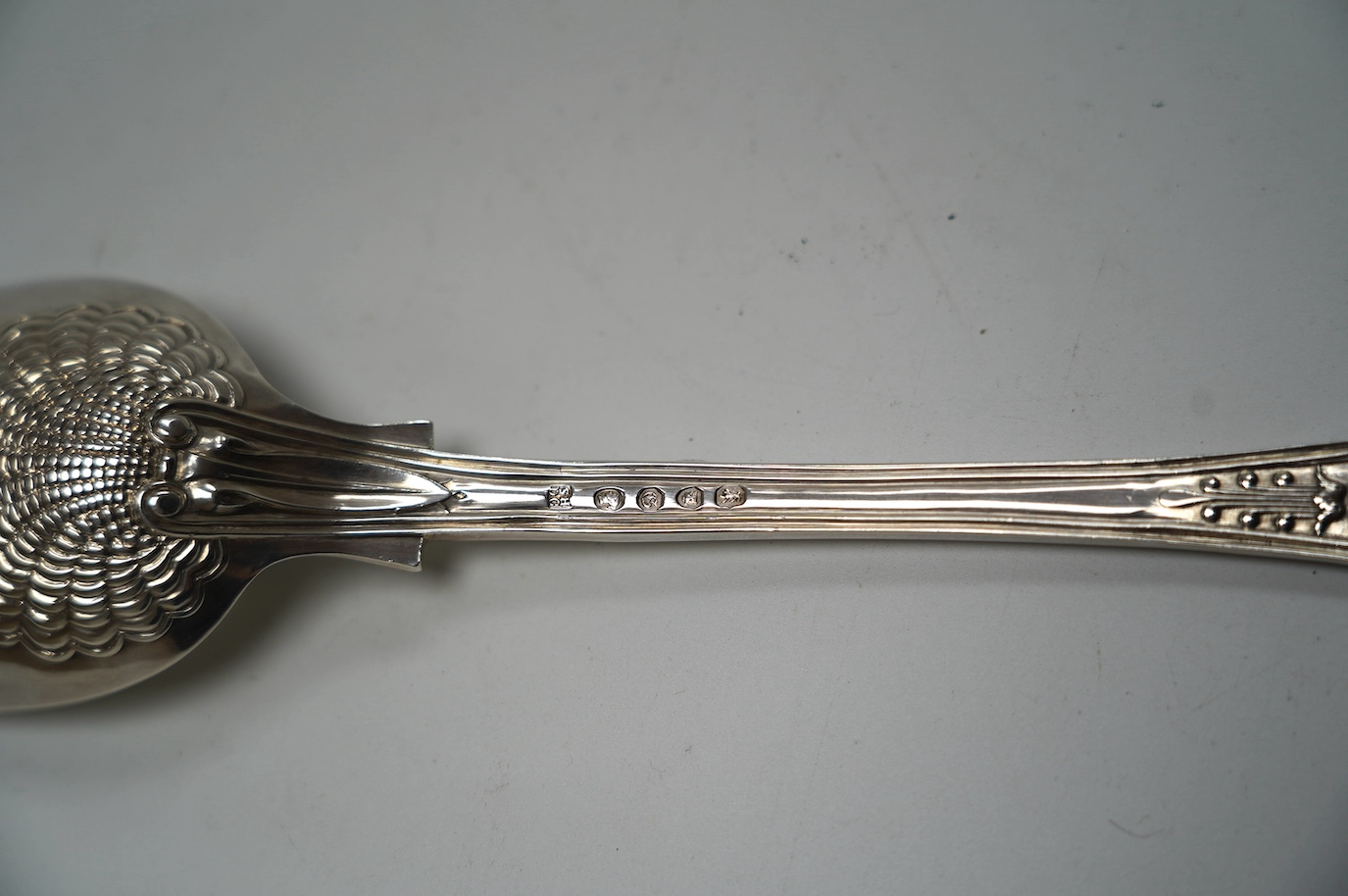 An early Victorian silver Queen's pattern basting spoon, by Hayne & Cater, London, 1842, with Coburg pattern bowl back, 29.9cm, 6.9oz. Condition - good